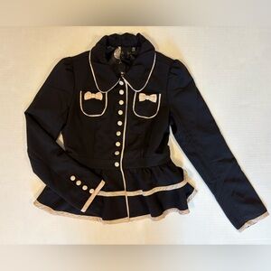 Black white trim ruffled button down jacket size XS